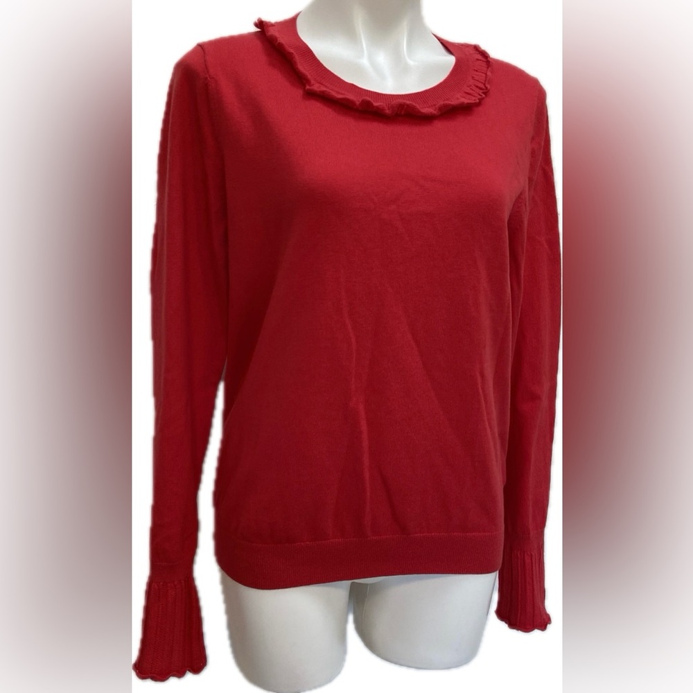 BODEN RED RUFFLE LETTUCE CIRCLE COLLAR LONG SLEEVE SOFT CLASSIC SWEATER